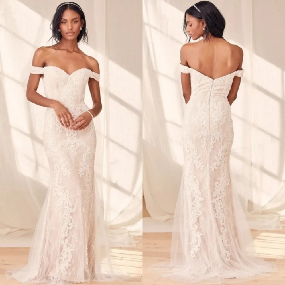 Lulus Bridal Promised Love White Beaded Lace Off-the-Shoulder Maxi Dress Wedding